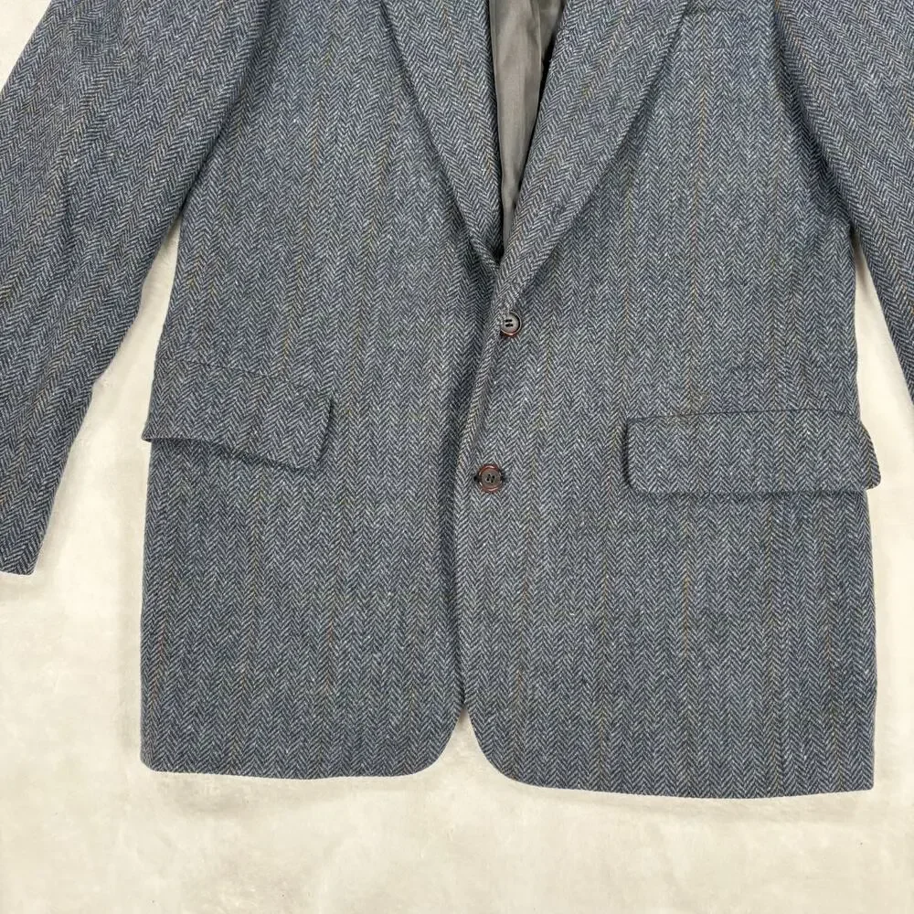 College Town Clothes Mens Wool Blazer Gray Herringbone Plaid Sport Coat Vintage